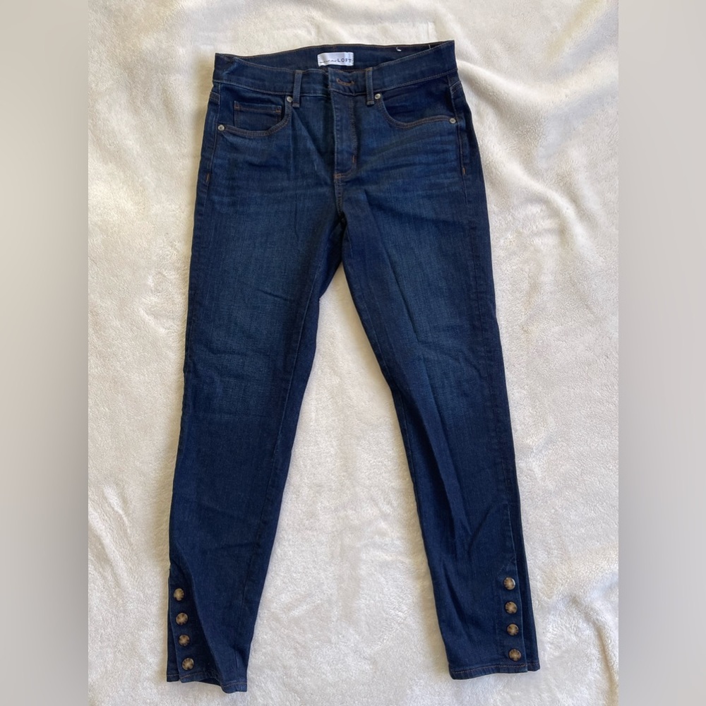 LOFT Dark Wash Skinny Jeans With Buttons at Ankles
